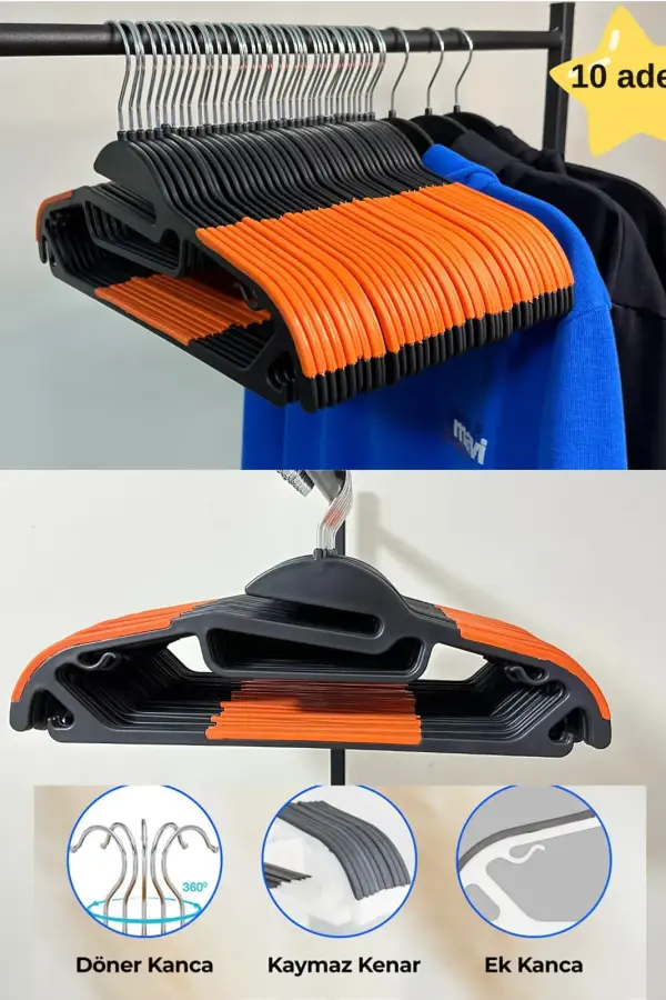 10'Lu Set Ağır Hizmet Tipi Plastik Askı, Kaymaz Tasarım, Ince Profil Dayanıklı Modern Askı